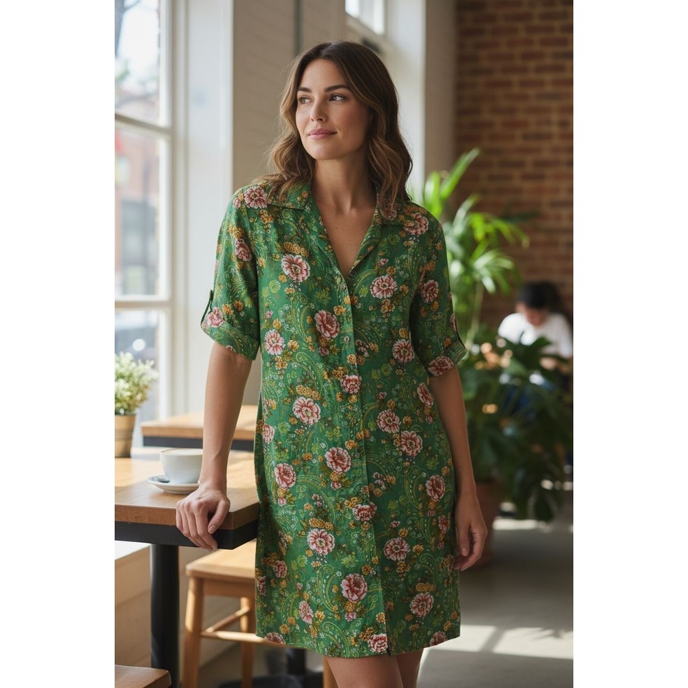 Vintage Saks Fifth Avenue Snap Button Floral‎ Green Dress Small Cotton Pockets